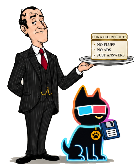 Nigel, a dry digital butler, presenting curated results beside the Socudya retro hound
