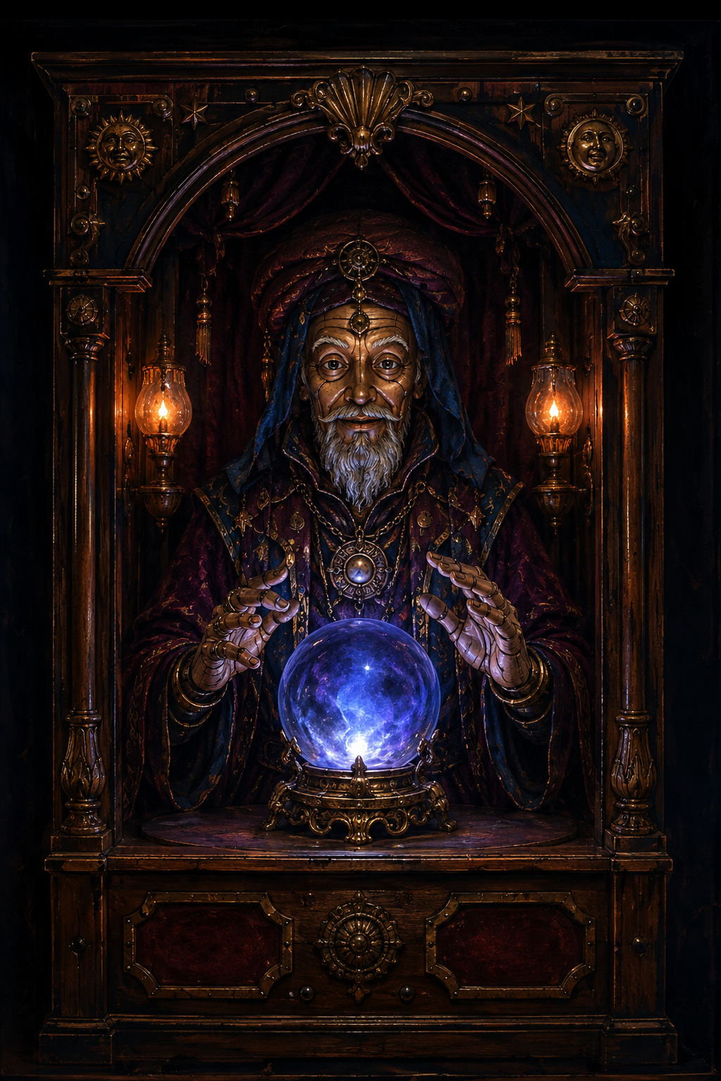Socudamus in his antique cabinet, his hands surrounding a glowing crystal ball