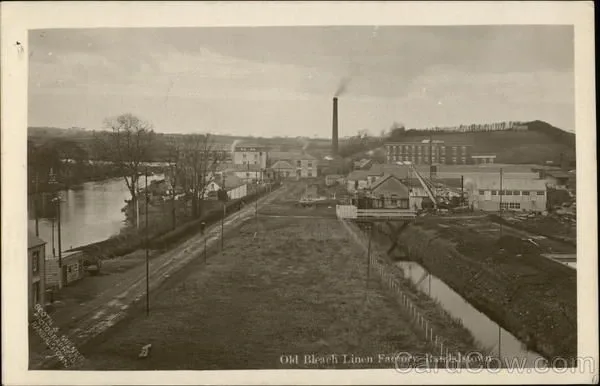 Sepia postcard of the Old Bleach factory beside the river