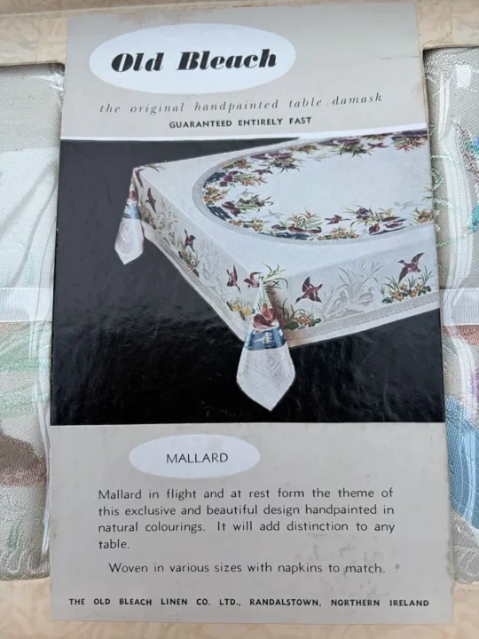 Old Bleach Mallard product card illustrated with ducks and a laid table