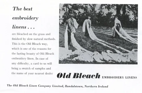 Old Bleach advertisement for embroidery linens bleached on the grass