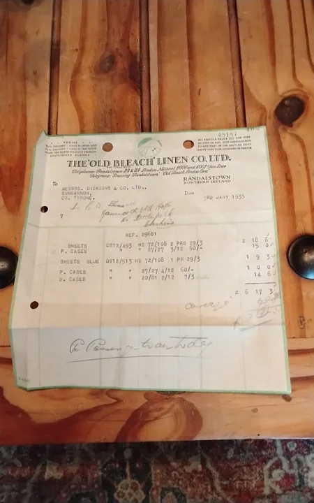 Old Bleach sales bill dated 3 January 1935 listing sheets and pillowcases