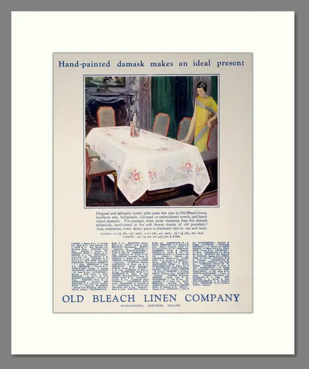 Old Bleach advertisement from 1927 for a hand-painted damask tablecloth and napkins