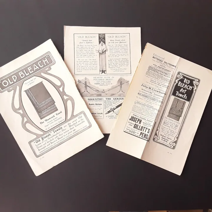 Three vintage advertising pages including Old Bleach Shamrock and Art Towels