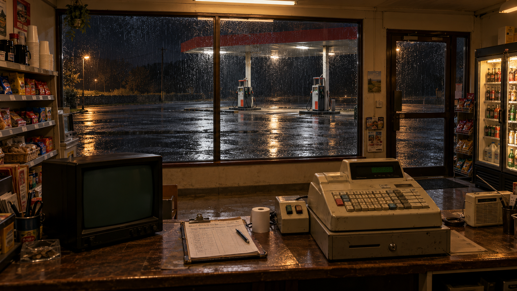 Inside a small petrol station: a till, CCTV monitor and paper ledger on the counter, with rain on the forecourt windows.