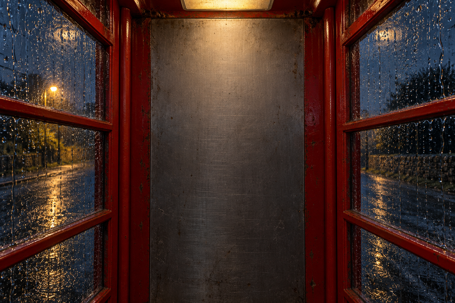 Inside the telephone box: rain-covered glass and a worn metal wall.