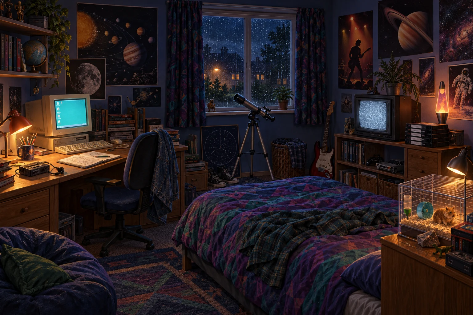 A warmly lit 1995 bedroom