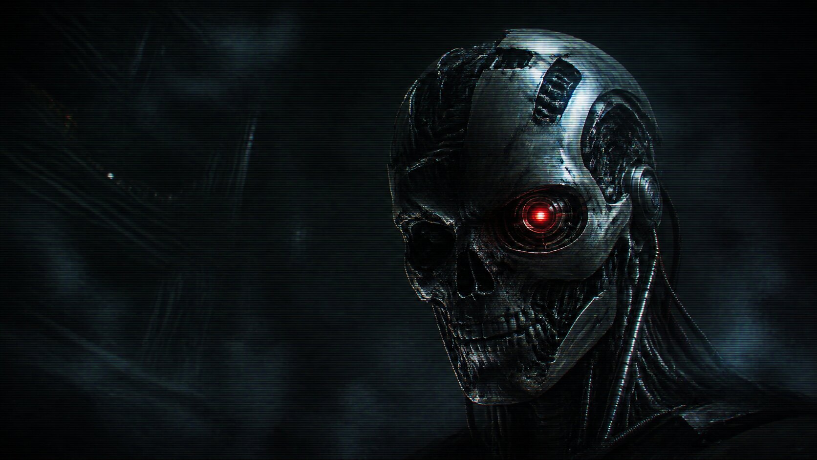 An original damaged cybernetic machine head with a glowing red optical sensor
